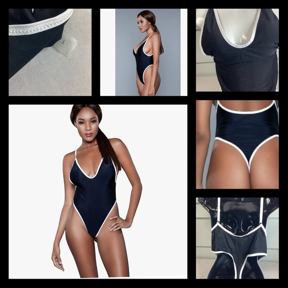 Black and white one piece swimsuit. - Picture 3 of 6